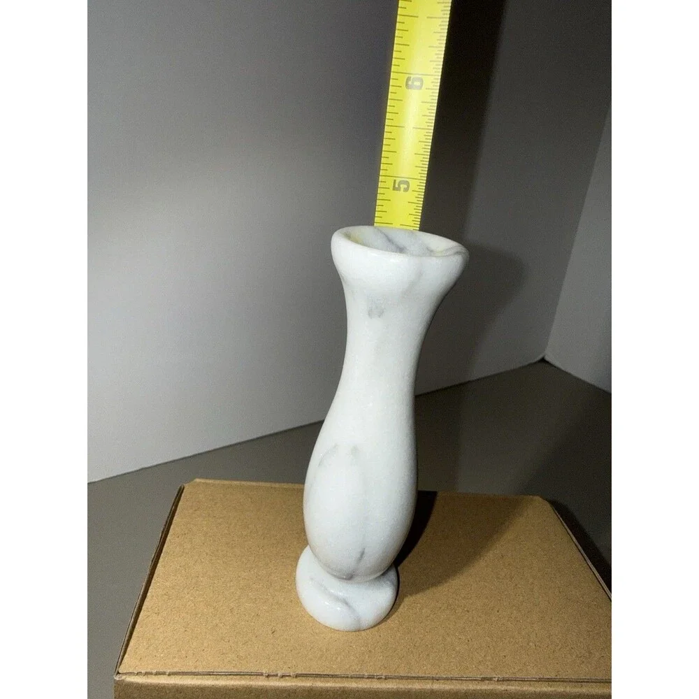 VTG. 5 inch Hand Polished Hourglass Marble Vase With Natural Gray Veining. Italy